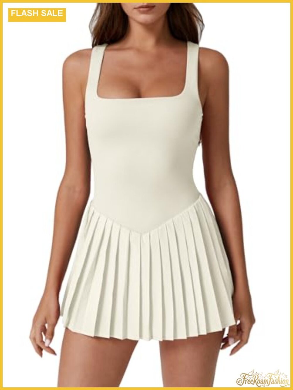 Women's Square Neck Tennis Dress Sleeveless Pleated Golf Dress with Built-in